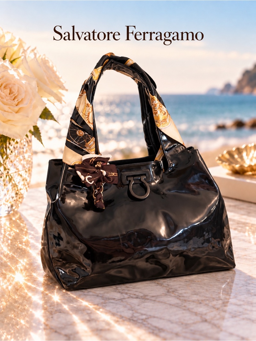 Salvatore Ferragamo Black Patent Leather Gancini LARGE Tote/ Shoulder Bag